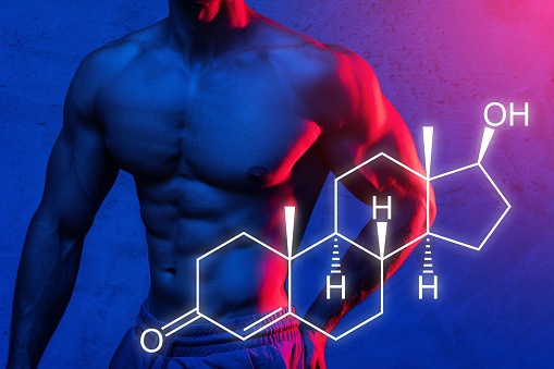 Muscular male torso and testosterone formula. Concept of hormone increasing methods.