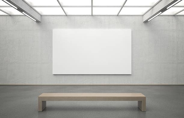 Museum with Image Royalty-free image of a modern museum with an empty canvas for you to fill. The room features clear architecture and smooth lighting. The used materials are highly detailed and accurately constructed. Zoom in to see the pores in the concrete or the individual stones embedded in the asphalt floor. art museum stock pictures, royalty-free photos & images