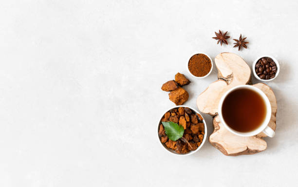 Mushroom chaga drink with coffee on a white background. Coffee beans, chopped pieces of chaga, anise and a cup with a healthy drink. Copy space, top view, flat lay. Mushroom chaga drink with coffee on a white background. Coffee beans, chopped pieces of chaga, anise and a cup with a healthy drink. Copy space, view from above. lingzhi stock pictures, royalty-free photos & images