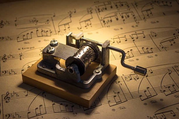 Music box with notes Close up of a music box with sheet music in background music box stock pictures, royalty-free photos & images