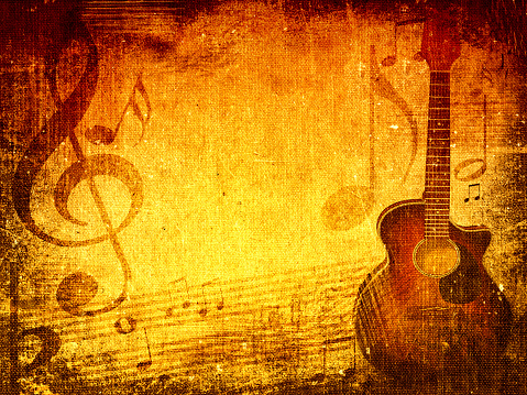 Music grunge background with music notes and guitar