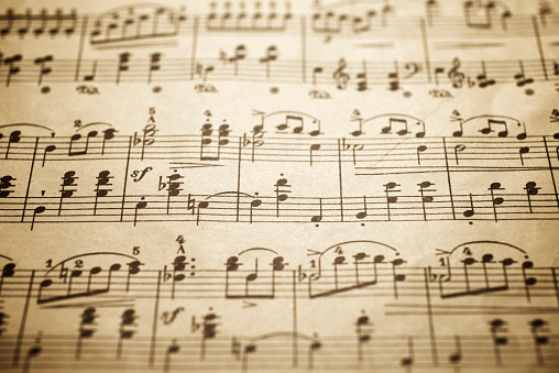 Close-up of an old musical score.
