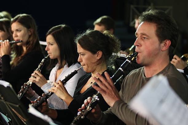 Musicians at the concert playing stock photo