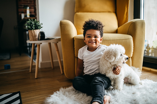 Boy playing with dog in living room, embracing him