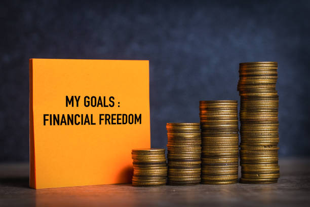My goals and financial freedom written on orange note paper and coins stack My goals and financial freedom written on orange note paper and coins stack financial freedom stock pictures, royalty-free photos & images