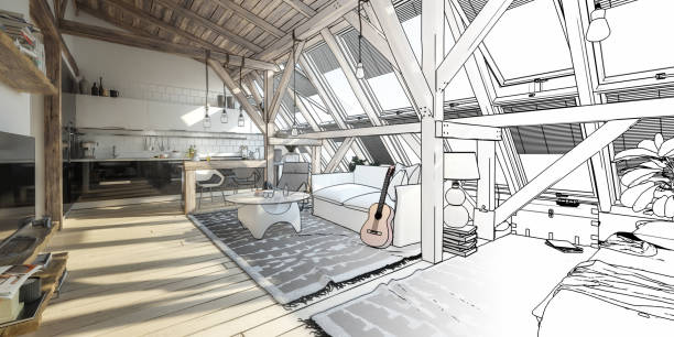 My place under the roof 01 (panoramic line drawing) stock photo