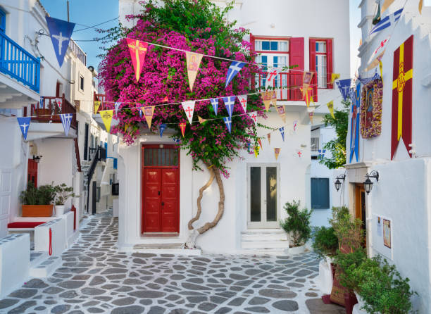 Mykonos, Greece. Narrow streets and traditional architecture. stock photo