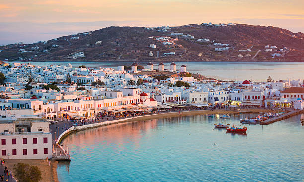 Mykonos in Greece Mykonos town at dusk. greece photos stock pictures, royalty-free photos & images