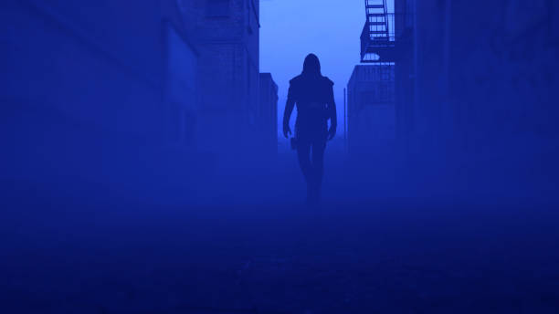 Mysterious man in a hoodie walks in a misty abandoned urban alley at dusk. 3D render. stock photo
