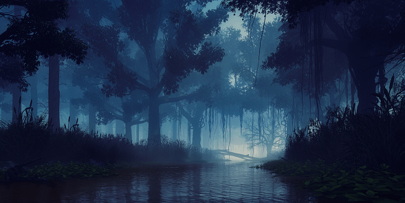 Mysterious woodland scenery with creepy tree silhouettes on overgrown shore of swampy forest river at dark foggy dusk or night. With no people fantasy 3D illustration from my own 3D rendering.