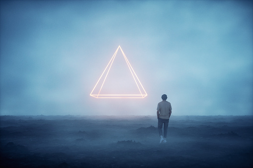 Mysterious pyramid shaped object and man walking, 3D generated image.