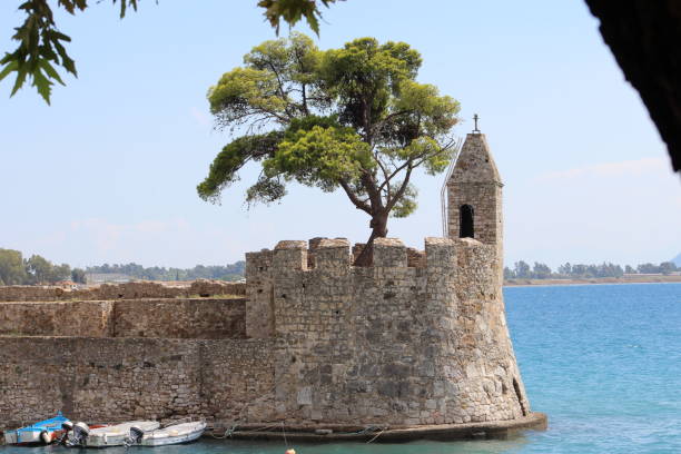 Nafpaktos - Fortified eastern lookout at entrance to port stock photo