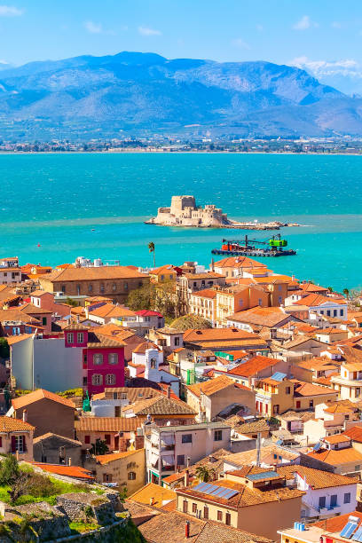 Nafplio, Greece aerial view Nafplio or Nafplion, Greece, Peloponnese old town aerial panorama with sea and Bourtzi fortress peloponnese stock pictures, royalty-free photos & images