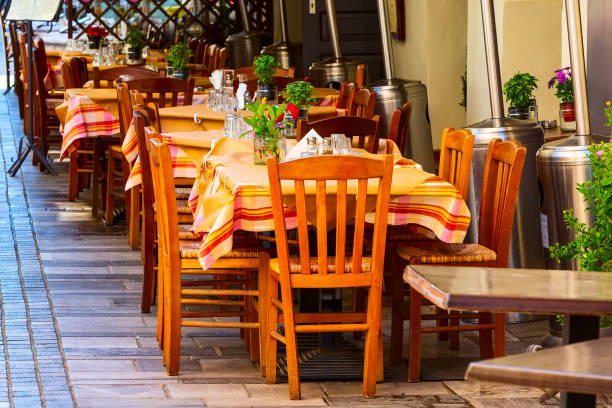 Nafplio, Greece tables in tavern stock photo