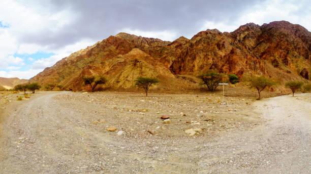 Panoramic view of the Nahal Shlomo , with direction sign. Eilat...
