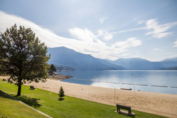 Naksup waterfront and beach on Upper Arrow Lake, BC, Canada stock photo