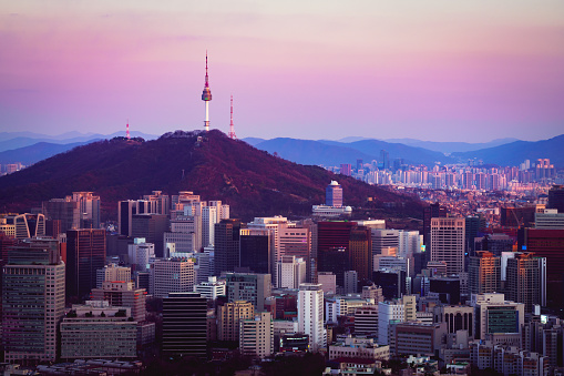 Namsan Tower and Seoul city skyline, View form Inwangsan Mountain Seoul South Korea