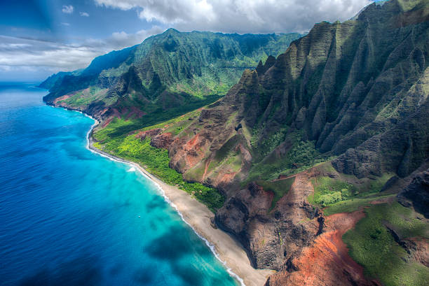 Na'Pali Coast Aerial Famous coast of the island of Kauai. hawaii islands stock pictures, royalty-free photos & images