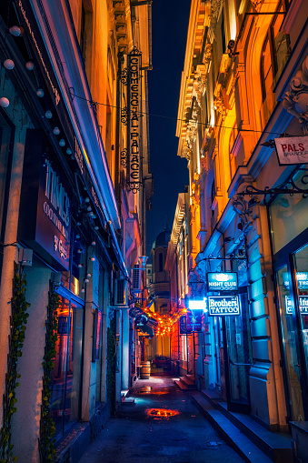 Narrow Alley With Night Clubs And Cocktail Bars For Entertainment Stock ...