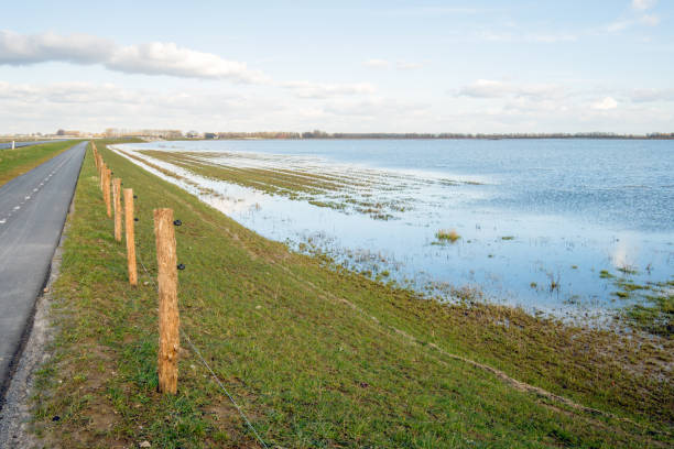 Narrow asphalt road along a flooded polder stock photo