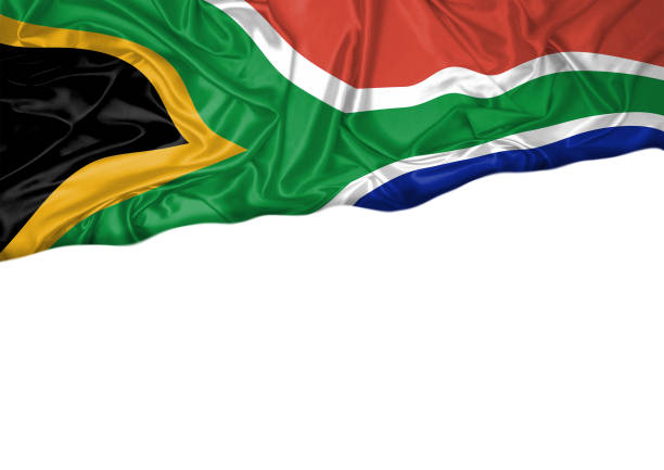 National flag of South Africa hoisted outdoors with white background. South Africa Day Celebration. Front view stock photo