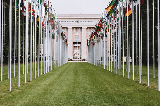 スイスのジュネーブにある国連事務所の入り口にある国旗 人権のストックフォトや画像を多数ご用意 Istock