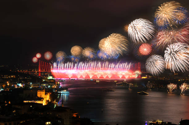 National holiday celebrations and fireworks display in the Bosphorus Bridge/istanbul,Turkey stock photo