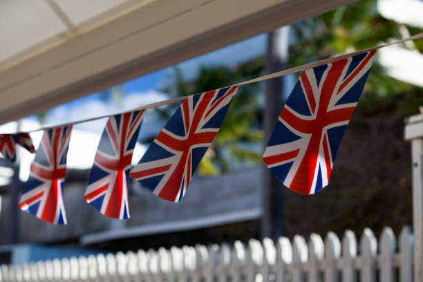 Garland of British flags to celebrate a National holiday in the UK.