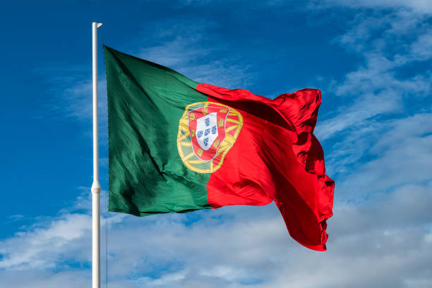 National Portugal flag in Marques de Pombal gardens, Lisbon stock photo