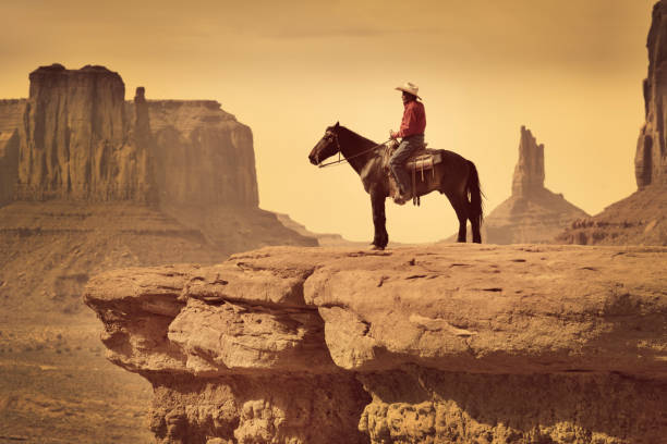 native american indian cowboy on horse in the southwest landscape - cowboy horse bildbanksfoton och bilder