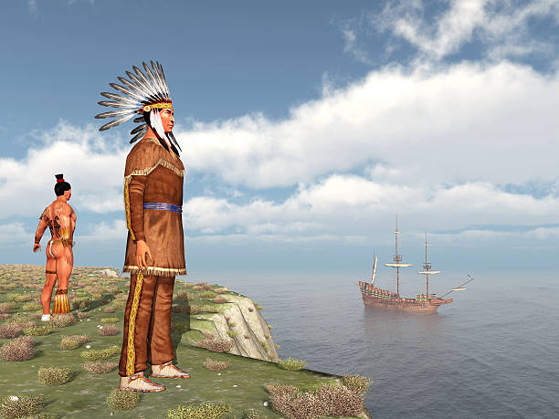 Native Americans and the Mayflower Computer generated 3D illustration with Native Americans and the Mayflower pilgrim stock pictures, royalty-free photos & images