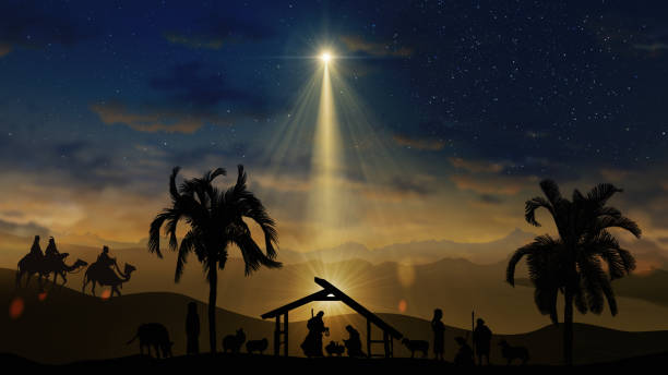 Nativity Christmas story under starry sky stock photo