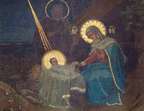 Nativity scene - Virgin Mary ang Child. Detail of the Russian Orthodox Church of the Savior on Spilled Blood in Saint Petersburg stock photo