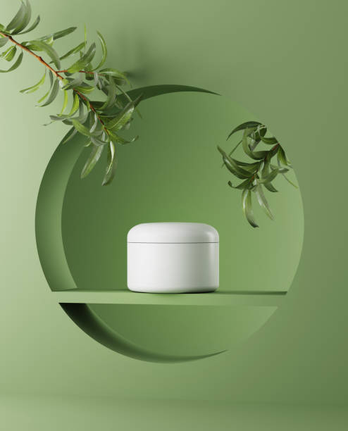 Natural cosmetic minimal stage for product presentation. Cosmetic jar podium and green leaf on monochrome background. 3d render  cosmetic packaging stock pictures, royalty-free photos & images