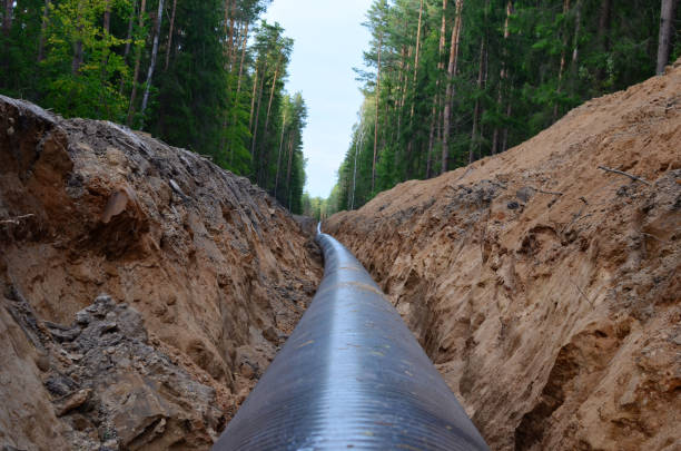 Natural gas pipeline construction work. stock photo