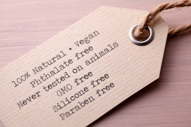 Natural Organic Cosmetics Label Paraben, phthalate, gmo and silicone free vegan cosmetics label. free from cosmetics stock pictures, royalty-free photos & images