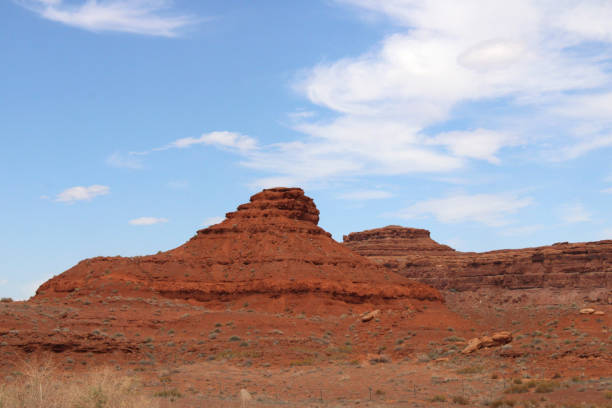 Natural Red Rock Formations in the Utah Desert Under Blue Sky with White Clouds stock photo