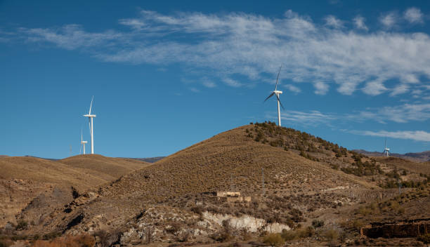 Nature landscape with wind turbines stock photo