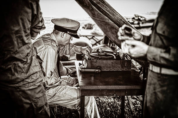 Naval Officer Enjoying The Music On His Vintage Phonograph stock photo