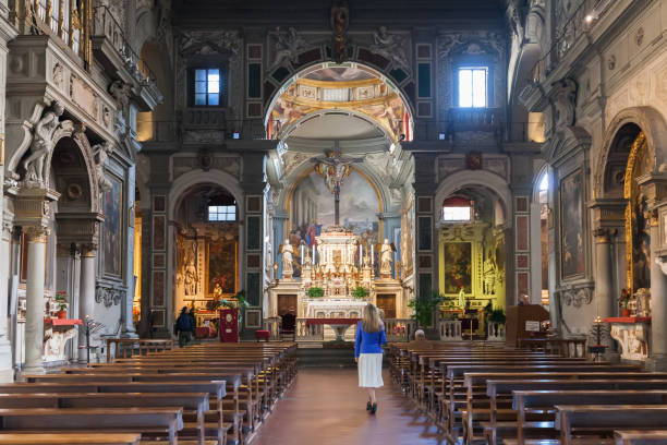 Nave of Ognissanti or Church of All Saints, located in central Florence, Italy Florence, Italy – April 09, 2017: Nave of Ognissanti or Church of All Saints,  Botticelli is buried in this church botticelli stock pictures, royalty-free photos & images