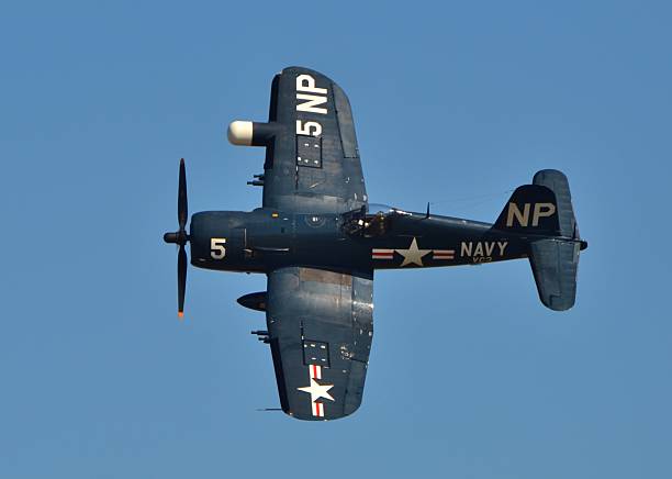 Navy F4U Corsair Jacksonville, USA - October 26, 2014: A vintage World War II Vought F4U Corsair flies at an air show in Florida. ww2 american fighter planes pictures stock pictures, royalty-free photos & images