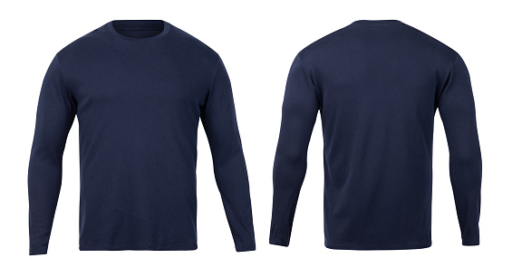 Navy Long Sleeve Tshirt Front And Back View Mockup Isolated On White ...