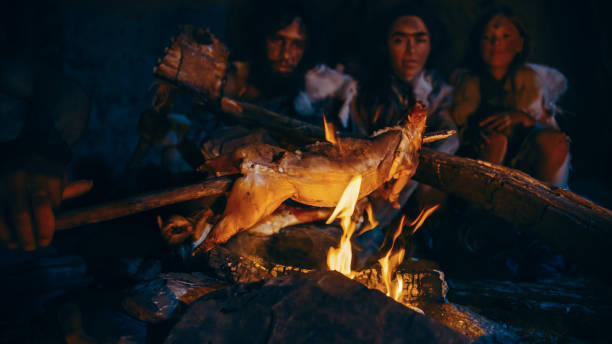 neanderthal or homo sapiens family cooking animal meat over bonfire and then eating it. tribe of prehistoric hunter-gatherers wearing animal skins eating in a dark scary cave at night. - fire caveman imagens e fotografias de stock