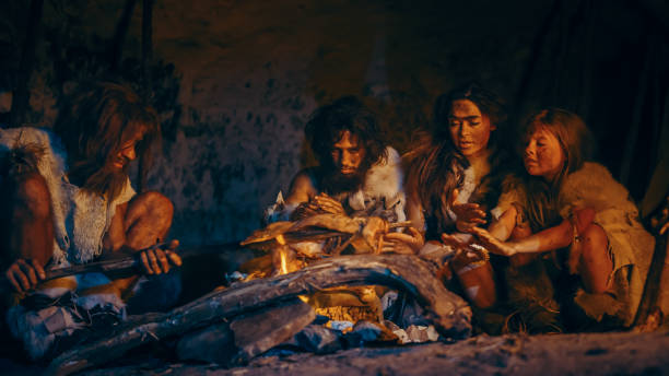 neanderthal or homo sapiens family cooking animal meat over bonfire and then eating it. tribe of prehistoric hunter-gatherers wearing animal skins grilling and eating meat in cave at night - fire caveman imagens e fotografias de stock