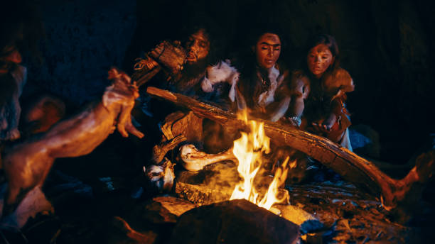 neanderthal or homo sapiens family cooking animal meat over bonfire and then eating it. tribe of prehistoric hunter-gatherers wearing animal skins eating in a dark scary cave at night - fire caveman imagens e fotografias de stock