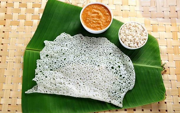 Neer Dosa South Indian meal Neer Dosa with vegetable sagu and coconut chutney thosai stock pictures, royalty-free photos & images