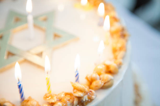 B'nei Mitzvah cake with candles. stock photo