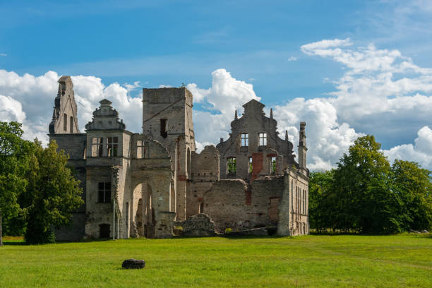 Neo-baroque building ruins of the Ungru manor Estonia stock photo