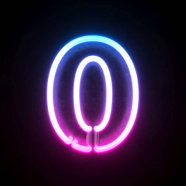 fuente neon 3d, renderizado 3d de luz de neón azul y rosa, número 0 - cero fotografías e imágenes de stock