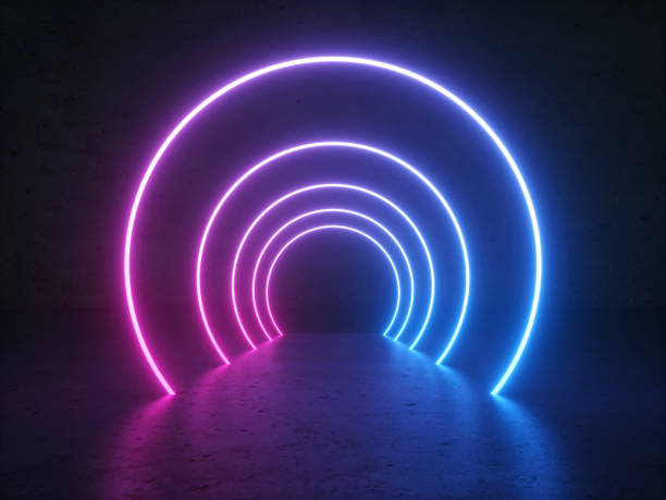 Neon Glowing Circle Round Shape Tubes On Reflection Concrete Floor Abstract Gradient Blue Purple Pink Neon Glowing Circle Round Shape Tubes On Reflection Concrete Floor Dark. 3D Rendering Illustration. Sci-Fi Futuristic competition round stock pictures, royalty-free photos & images
